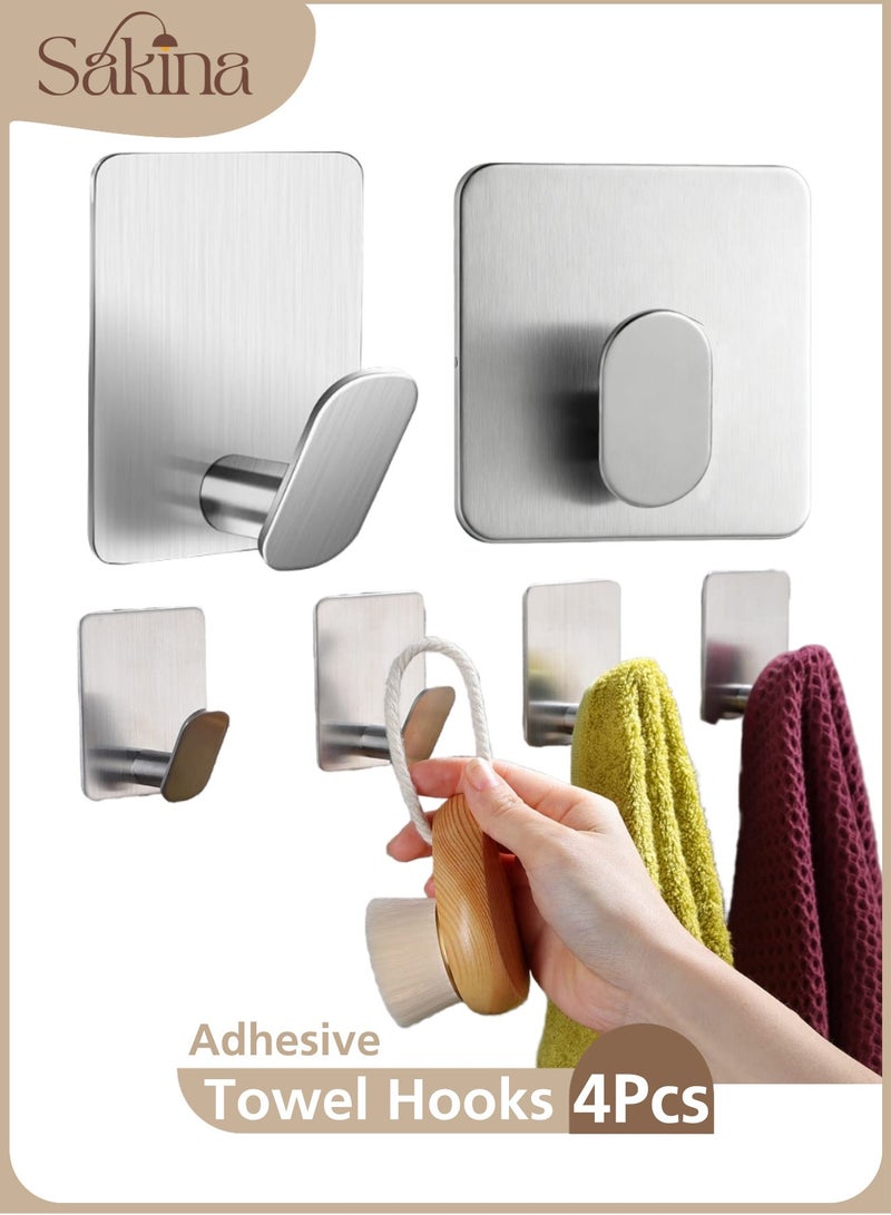 Sakina 4Psc Wall Hooks, Adhesive Wall Hook, 304 Stainless Steel Adhesive Hooks,Self Adhesive Hooks,Sticky Hook,Wall Hangers, No Nails Anti Rust Waterproof Hook for Bathroom, Kitchen, Hanging, Coat Robe, Towel（Silver) - Image 1